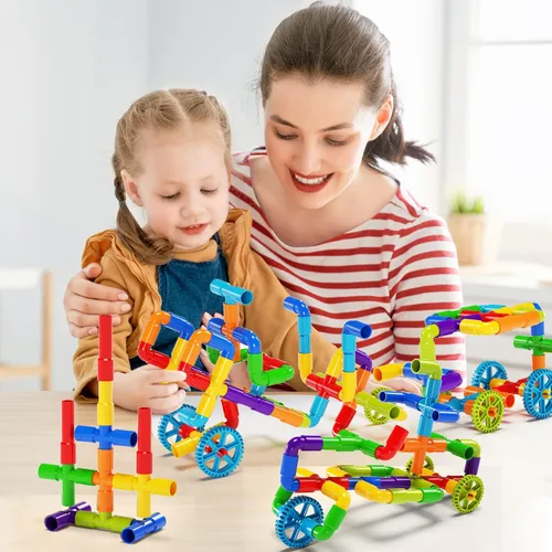 Miniatura 7 de burgkidz STEM - Bloques de construcción de tubo de aprendizaje para tubo, juguetes sensoriales con ruedas, placa base para todas las edades, niños