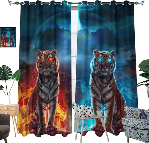 Miniatura 3 de Cool King of The Forest - Cortinas opacas con diseño de tigre anime, fantasía, animal, fuego, tigre, hielo, con ojales, ahorro de energía, 2