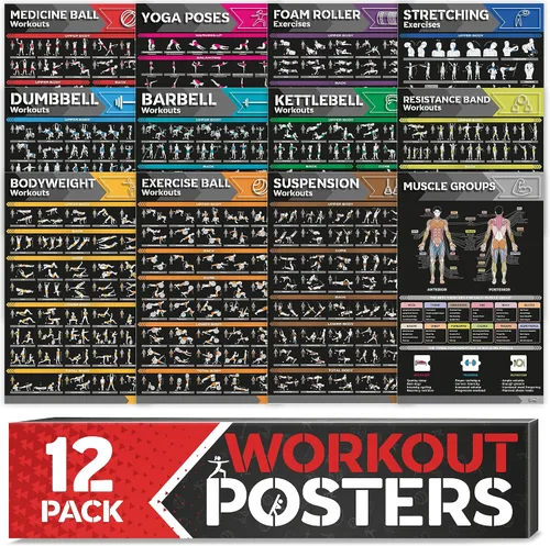 Paquete de 12 pósteres de entrenamiento grandes laminados, carteles de entrenamiento perfectos para gimnasio en casa, tablas de ejercicios que