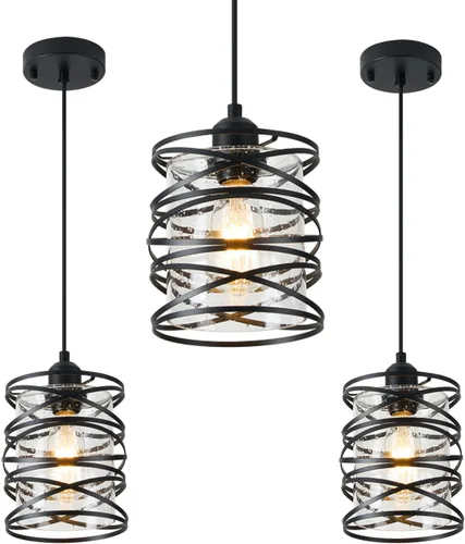 Miniatura 10 de Paquete de 1 lámpara colgante de 6.3 pulgadas en espiral negra para isla de cocina, luz moderna de metal soplado a mano, vidrio sembrado, luz Negro