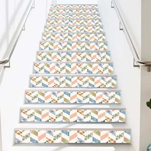 PLIGREAT 15 tiras de calcomanías de espiga para escaleras, calcomanías de 7.1 x 39 pulgadas, calcomanías autoadhesivas de vinilo colorido a cuadros