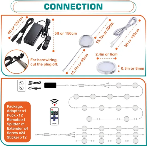 Miniatura 2 de Luces LED tipo puck delgadas bajo gabinete, Iluminación ambiental cableada de 110V, Enchufable y cableado directo empotrado, Enlazables en cadena