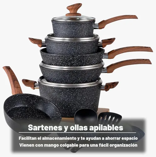 Miniatura 5 de Kitchen Academy Juego de utensilios de cocina de inducción – Juego de 12 sartenes antiadherentes de granito negro