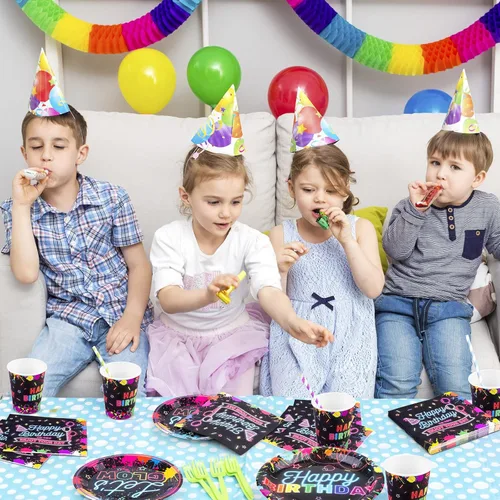 Miniatura 7 de Durony 100 piezas de suministros de fiesta de neón que brillan en la oscuridad, incluye platos de papel, vasos, servilletas, decoraciones de fiesta