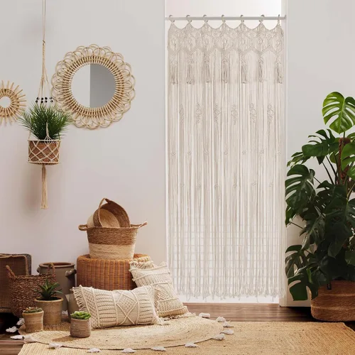 Miniatura 6 de ANMINY 2 cortinas de macramé de 79 x 37 pulgadas, cortinas bohemias con borlas hechas a mano de algodón macramé para colgar en la pared, cortina