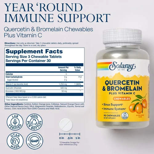 Miniatura 2 de SOLARAY Quercetina con bromelina y vitamina C masticables - Suplemento de apoyo inmunológico - Complejo de defensa inmunológica y salud cardíaca