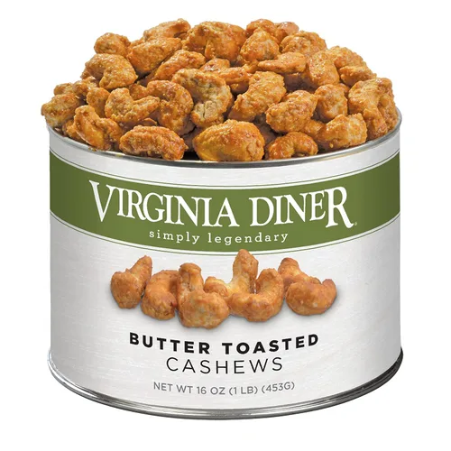 Virginia Diner - Anacardos tostados con mantequilla natural gourmet, lata de 16 onzas de anacardos jumbo glaseados con mantequilla dulce en una lata