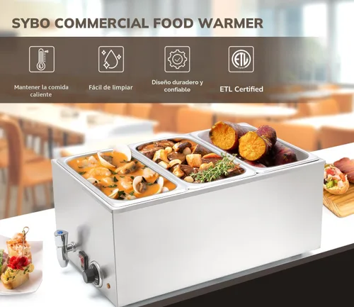 Miniatura 3 de SYBO Calentador de alimentos comercial para mesa de vapor, servidor de buffet, acero inoxidable para catering y restaurantes, calentador eléctrico