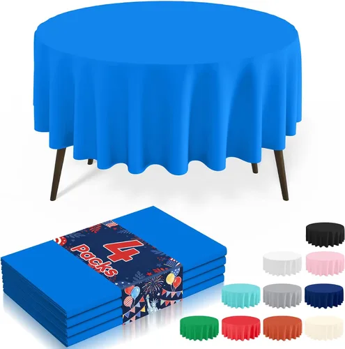 Miniatura 24 de misaya Paquete de 4 manteles desechables de plástico, mantel redondo impermeable de 84 pulgadas, a prueba de fugas y resistentes manteles Azul
