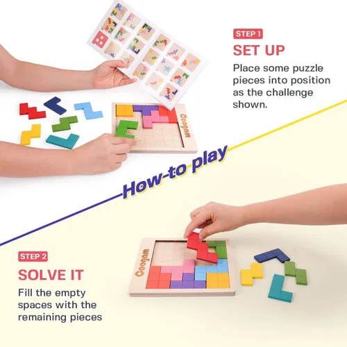 Miniatura 3 de Coogam Rompecabezas de madera con patrón de bloques de cerebro juego con 60 desafíos, juguete de construcción ruso 3D de madera en forma de tangram