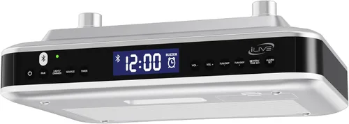 iLive Radio FM Bluetooth para debajo del gabinete para cocina, estéreo inalámbrico con reloj y temporizador incorporados, 20 preajustes de FM, LCD