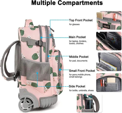 Miniatura 4 de Tilami Mochila con ruedas, mochila para laptop de 19 pulgadas con ruedas y lonchera, Cactus, 18 pulgadas