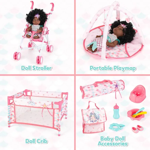 Miniatura 3 de deAO Baby Doll Stroller Nursery Role Play Set Baby Doll Accessories Travel Cot,Foldable Stroller and Travel Bag Birthday for Girls Kids