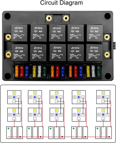 Miniatura 6 de Caja de relés de fusibles impermeable precableada – 15 ranuras ATC/ATO, 10 soportes de relé con relés y fusibles – Bloque para automóvil, camión