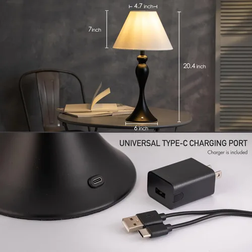 Miniatura 4 de O'Bright Ember - Lámpara de mesa inalámbrica, recargable, regulable al tacto, funciona con pilas, bombilla LED E26, carga rápida tipo C, lámpara