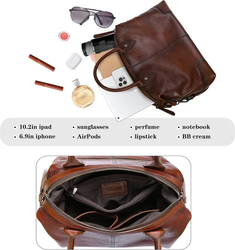Miniatura 7 de HESHE Bolso de mano de cuero genuino para mujer, bolso de cuero de gran capacidad, bolso de mano con asa superior, bolso de médico vintage