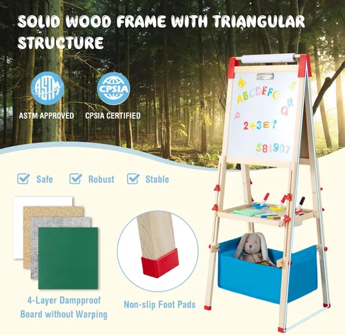 Miniatura 7 de HONEY JOY Caballete para niños, caballete de madera ajustable de doble cara con pizarra magnética y pizarra blanca, rollo de papel, más de 60