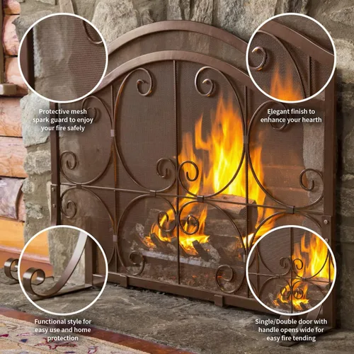 Miniatura 7 de Protector de chimenea con diseño de espirales, de hierro forjado con malla metálica Cobre