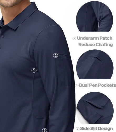 Miniatura 4 de MAGCOMSEN Camisas polo para hombre, 3 botones, secado rápido, manga larga, tácticas, camisa de golf