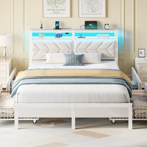 Miniatura 20 de Seventable Base de cama tamaño Queen con estación de carga, cama LED con cabecera de almacenamiento tapizada, cama de plataforma de metal con Gris