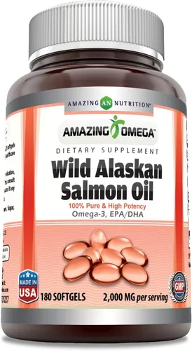 Suplemento de Aceite de Salmón Salvaje de Alaska Amazing Omega | 2000 Mg por Porción | 180 Cápsulas Blandas | Sin OMG | Sin Gluten | Fabricado en