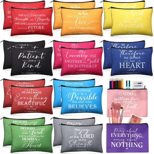 Miniatura 12 de Qeeenar - Bolsa de maquillaje religioso cristiano, bolsas de cosméticos, bolsa inspiradora de versículo bíblico para artículos de tocador, bolsa