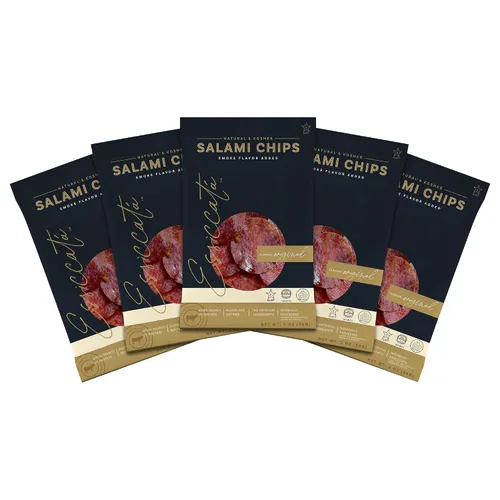 Meats Kosher Salami Chips - Salchicha en rodajas, carne de embutidos - Natural, amigable con Halal - 2 onzas, original, paquete de 5