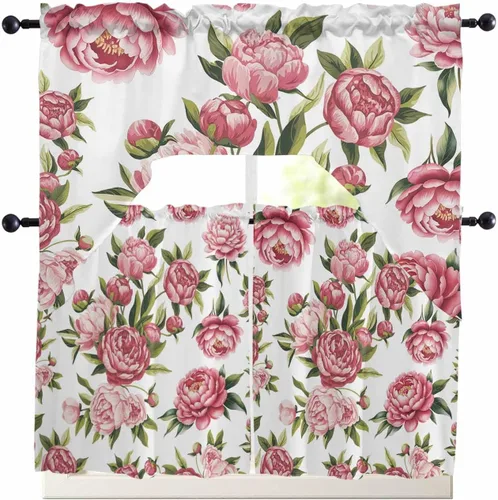 Miniatura 9 de Juego de cortinas de cocina con festón floral verde salvia, cenefa y nivel, 24 pulgadas de largo, diseño retro de flores rosa pastel, cortinas