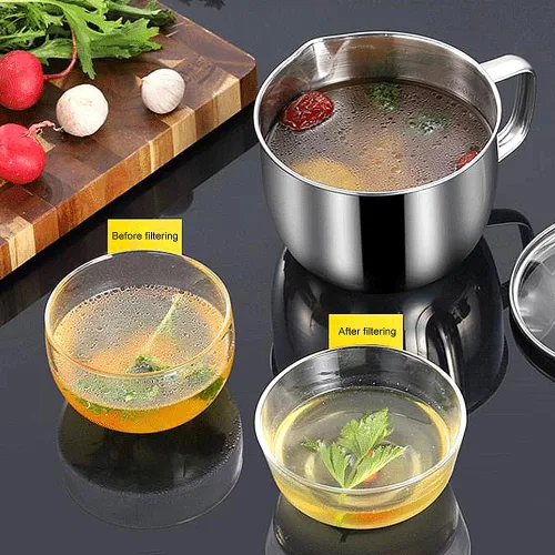 Miniatura 9 de Separador de grasa de acero inoxidable para 4 tazas/33.8 fl oz, separador de grasa con colador y tapa de vidrio, taza separadora de aceite de sopa