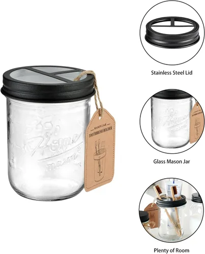 Miniatura 6 de SheeChung Mason Jar - Juego de accesorios de baño, 2 piezas, dispensador de jabón, soporte para cepillo de dientes, decoración de baño, decoración