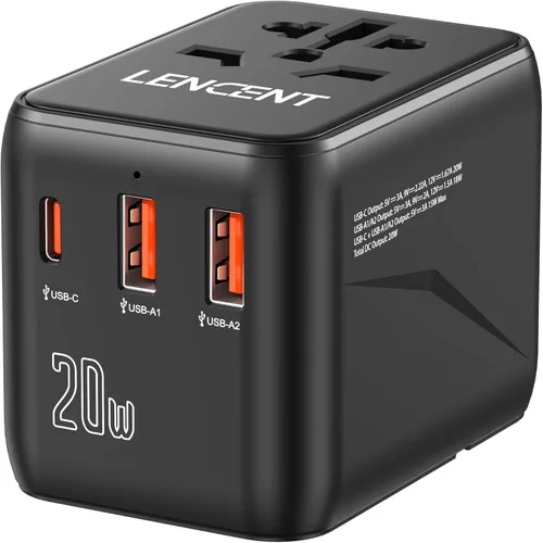 LENCENT Adaptador de Viaje Universal, Cargador Internacional PD20W con 2 Puertos USB y Adaptador de Carga Rápida Tipo C, Cargador de Pared Mundial