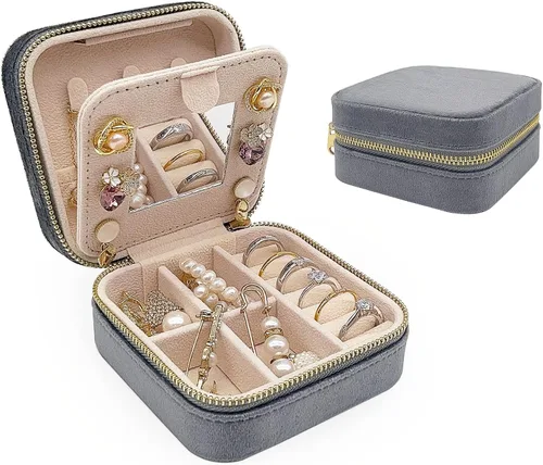 Soddeph Joyero de terciopelo con espejo, mini estuche de joyería de viaje, estuche de viaje de joyería de felpa, pequeño organizador de joyas de