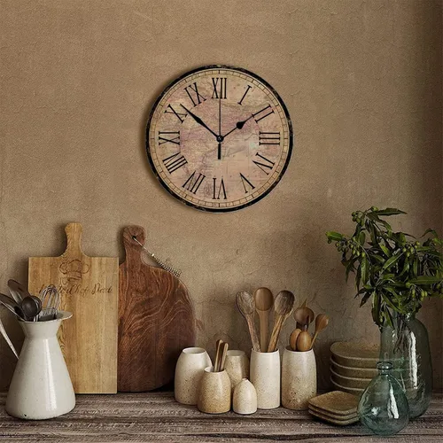 Miniatura 3 de Reloj de pared redondo de madera, estilo vintage, mapa del viejo mundo, movimiento de barrido, reloj de pared silencioso, estilo campestre, reloj