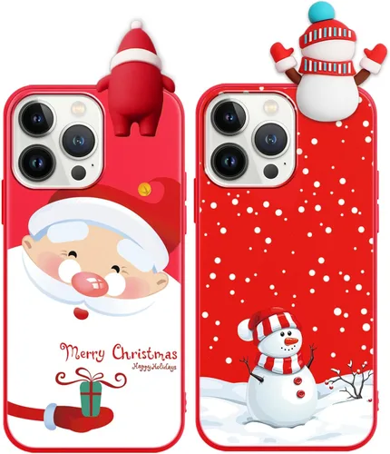 Miniatura 20 de Paquete de 2 fundas navideñas lindas para iPhone 13 Pro, patrón rojo 3D de muñeco Papá Noel muñeco de nieve Feliz Navidad de silicona suave TPU