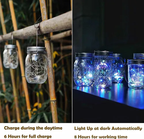 Miniatura 4 de Juego de 6 luces solares para tapa de tarro, paquete de 20 luces LED impermeables con diseño de estrella de hadas y luciérnaga, para decoración
