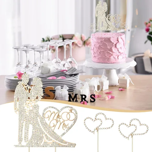 Miniatura 6 de Paquete de 3 decoraciones de tarta de boda Sr. y Sra. con strass, decoración de tarta de boda de metal, decoración de tarta de boda de cristal