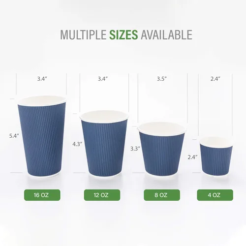 Miniatura 3 de Restaurantware Tazas de café desechables de doble pared de 8 onzas, 500 vasos de papel azul oscuro aislados, diseño de pared ondulada, las tapas se