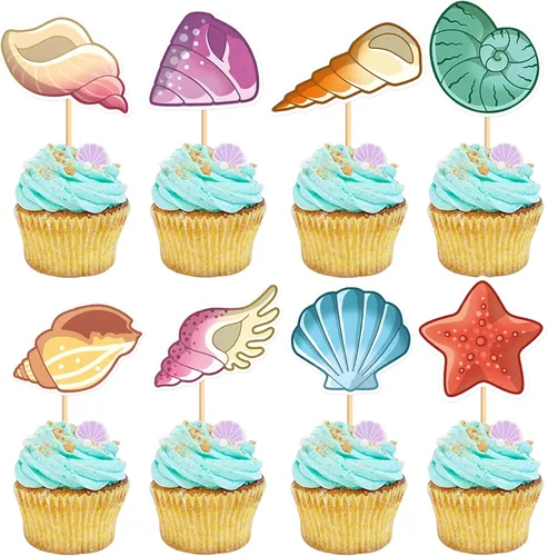 Miniatura 17 de 40 piezas comestibles bajo el mar, sirena, cupcakes, algas, pulpos, estrellas de mar, cupcakes, lindos animales del océano, selecciones de alimentos