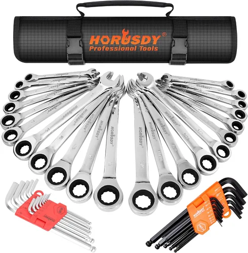 Miniatura 16 de HORUSDY - Juego de 13 llaves de trinquete resistentes Tamaños métricos 6–19mm Juego de llaves combinadas de trinquete de torque máximo
