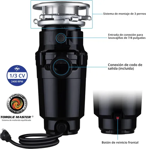 Miniatura 2 de Waste Maid 10-US-WM-048-3B Sistema de trituración de residuos de alimentos de acero inoxidable anti-atascos, 1/3 HP Compacto, Negro