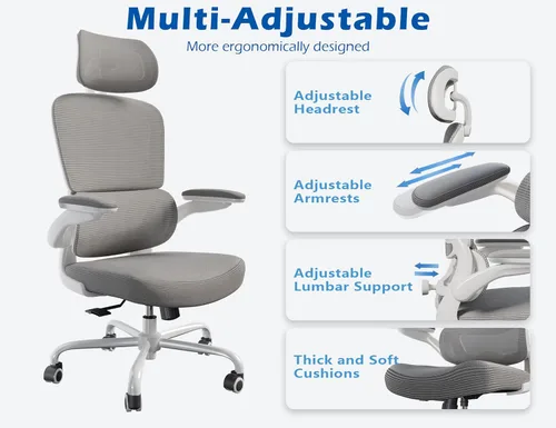 Miniatura 4 de TRALT Silla ergonómica de oficina, silla de escritorio con reposacabezas ajustable, silla de computadora de soporte lumbar, silla cómoda de malla