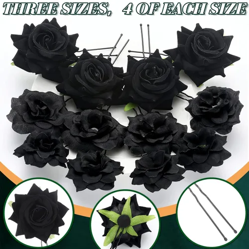 Miniatura 5 de BBTO 12 pinzas para el pelo de rosas, accesorios mexicanos para bailarinas de flamenco, mujeres, flores mexicanas, clips de flores para novia, Negro