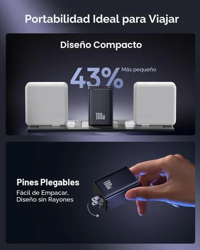 Miniatura 3 de Baseus Bloque de cargador USB C de 100W, cargador de pared compacto plegable PPS de 3 puertos, adaptador de corriente de carga rápida para MacBook