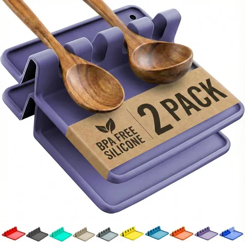 Miniatura 11 de Soporte de cuchara de silicona naranja para estufa con almohadilla de goteo (paquete de dos) – Resistente al calor sin BPA y soporte para cuchara