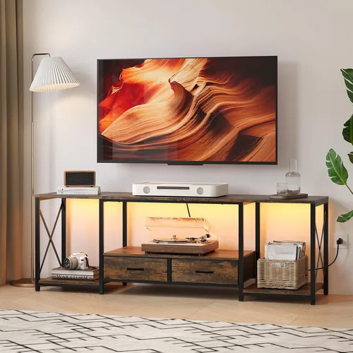 Miniatura 10 de LED TV Stand with 2 Fabric Drawer - 55" Industrial TV Console Table with Open Storage Shelves for Living Room,Bedroom, Entertainment Center TV