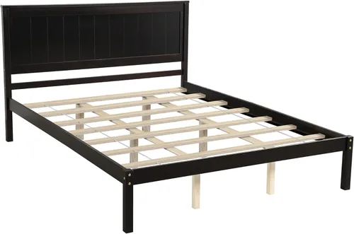 Miniatura 5 de Elegante cama de plataforma de tamaño individual con cabecero, base de cama de plataforma de madera maciza con soporte de listones de madera