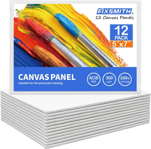 FIXSMITH - Paneles de lienzo para pintar 5x7 pulgadas, paquete de 12 unidades de lienzos en blanco, 100% algodón, imprimados, suministros de arte
