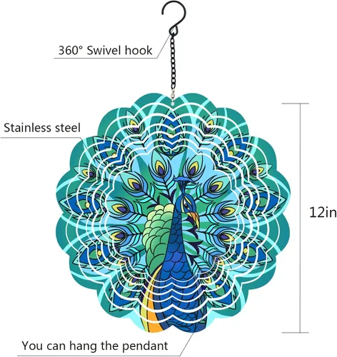 Miniatura 5 de Hilanderos de viento de metal de pavo real - Regalos para mujeres, mamá, abuela, esposa, hilandero de viento colgante para decoraciones