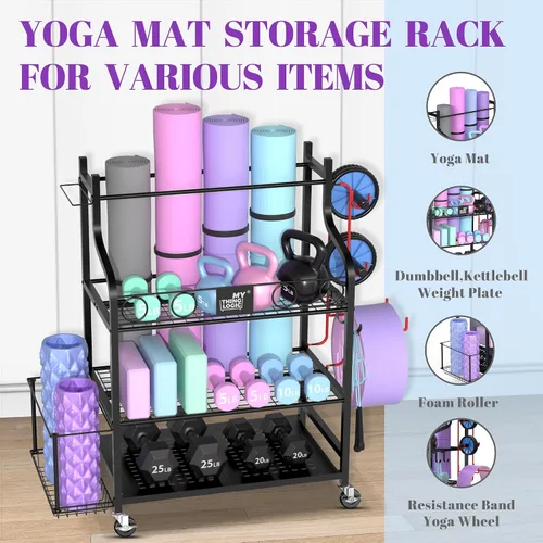 Miniatura 3 de Mythinglogic Estante de almacenamiento para esterilla de yoga, estante de almacenamiento de gimnasio en casa para mancuernas, rodillo de espuma
