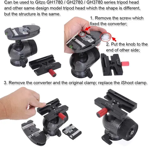 Miniatura 8 de iShoot Convertidor de abrazadera adaptadora compatible con Manfrotto 200PL 410PL, Arca-Swiss Fit Placa de liberación rápida y cabezal de trípode